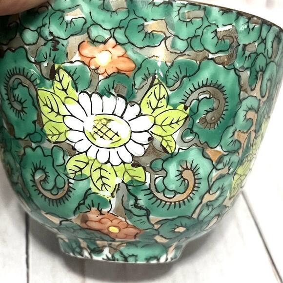 Vintage A.C.F. Mid Century Japanese Porcelain Tea Set Green Floral Gold Enamel - Picture 14 of 16